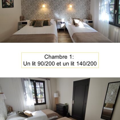 Chambre lit double 140/200 et lit simple 90/200 logement rez-de-jardin